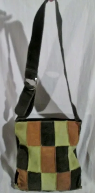 ME TOO PATCHWORK Suede Leather hobo shoulder bag BROWN GREEN crossbody hippie sling