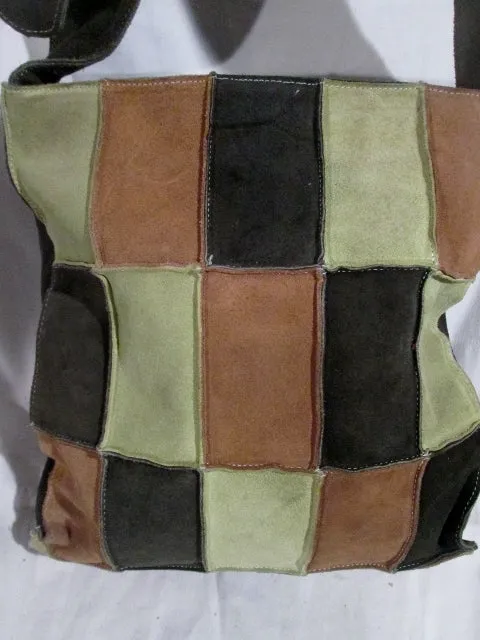 ME TOO PATCHWORK Suede Leather hobo shoulder bag BROWN GREEN crossbody hippie sling