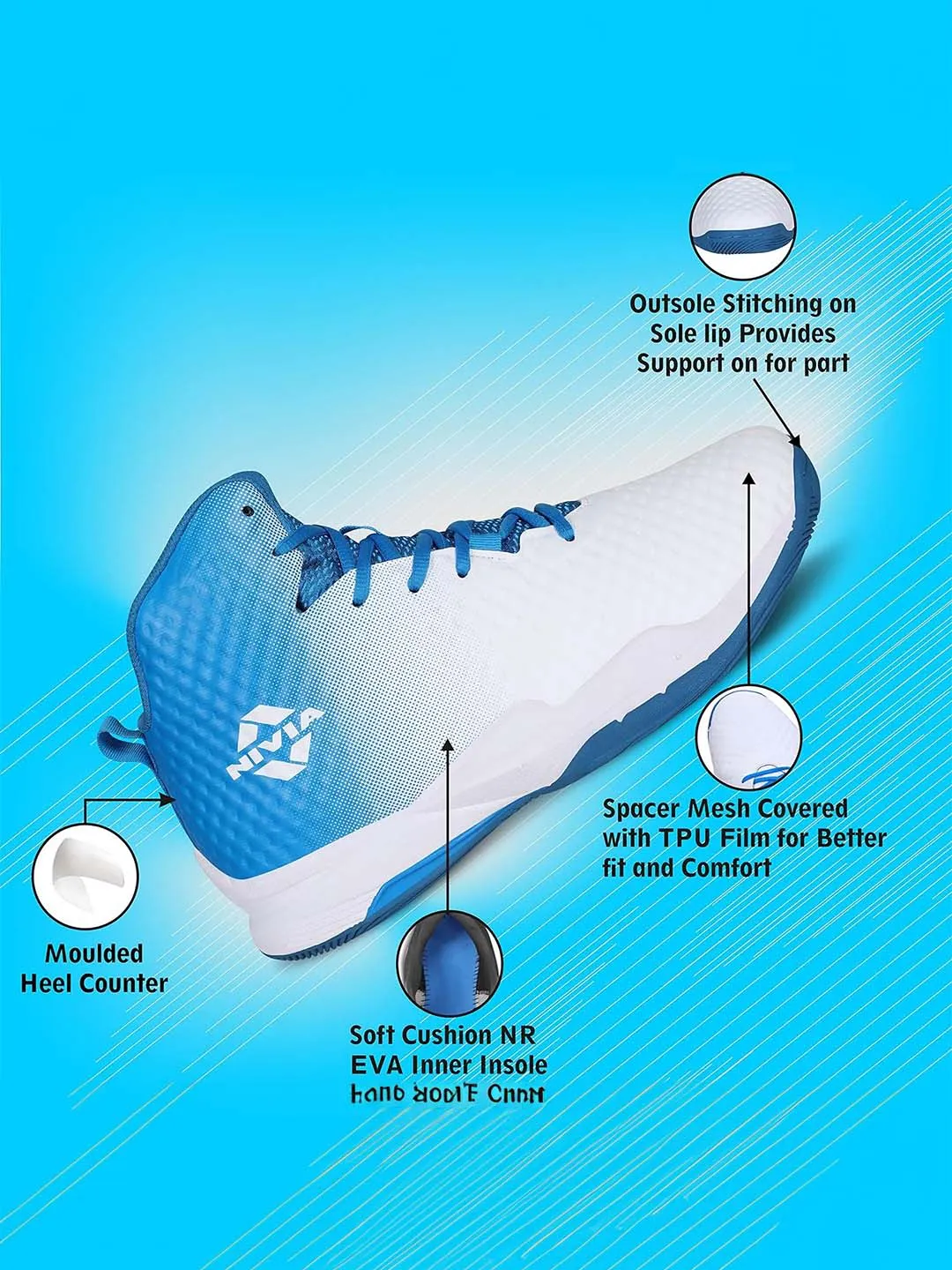 Nivia Engraver Basketball, Shoes For Men With Breathable Mesh Stitched For Better Fit And Smooth, Comfortable Shoes, (White/Sky Blue)