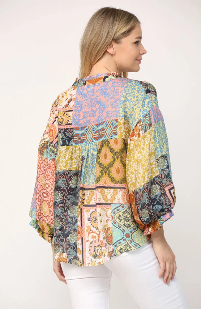 Patchwork Bubble Sleeve Blouse