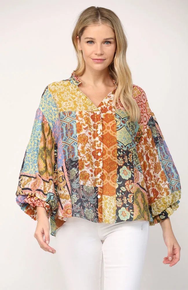 Patchwork Bubble Sleeve Blouse