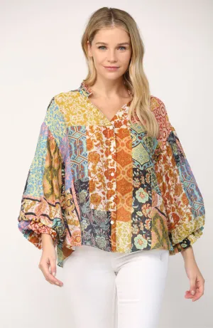Patchwork Bubble Sleeve Blouse