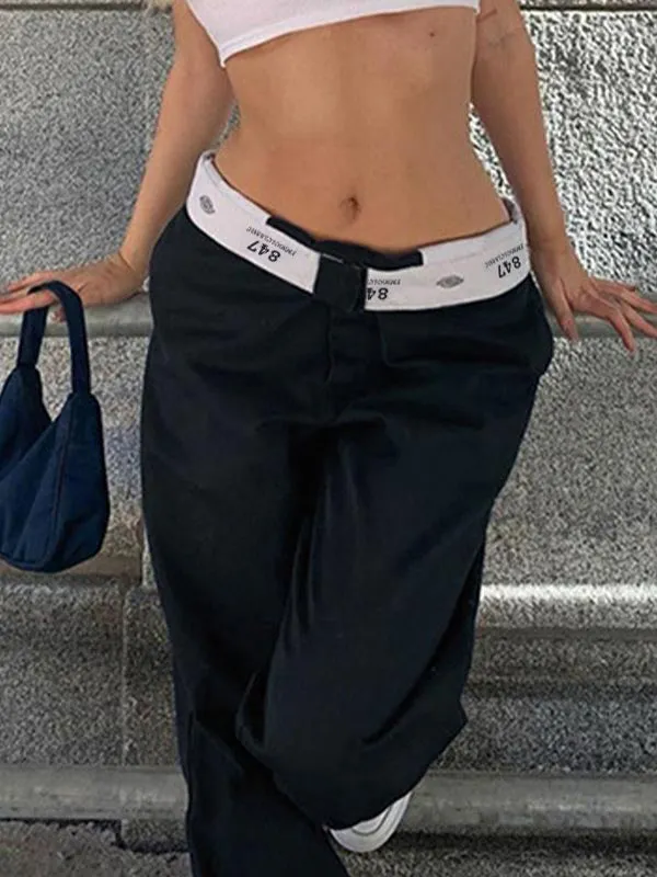 Patchwork Waist Straight Leg Pants