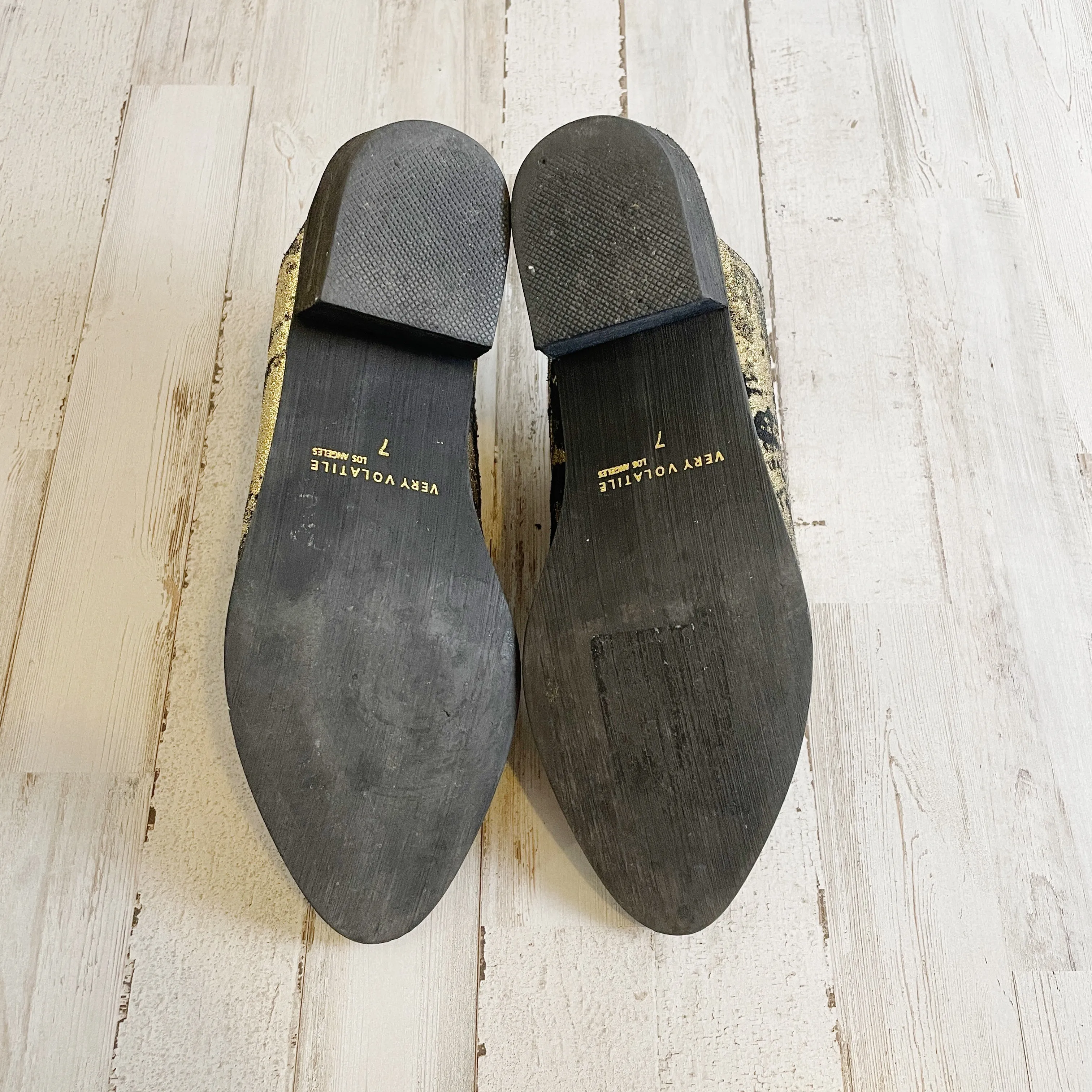Very Volatile | Womens Black and Gold Leather Mule Booties | Size: 7