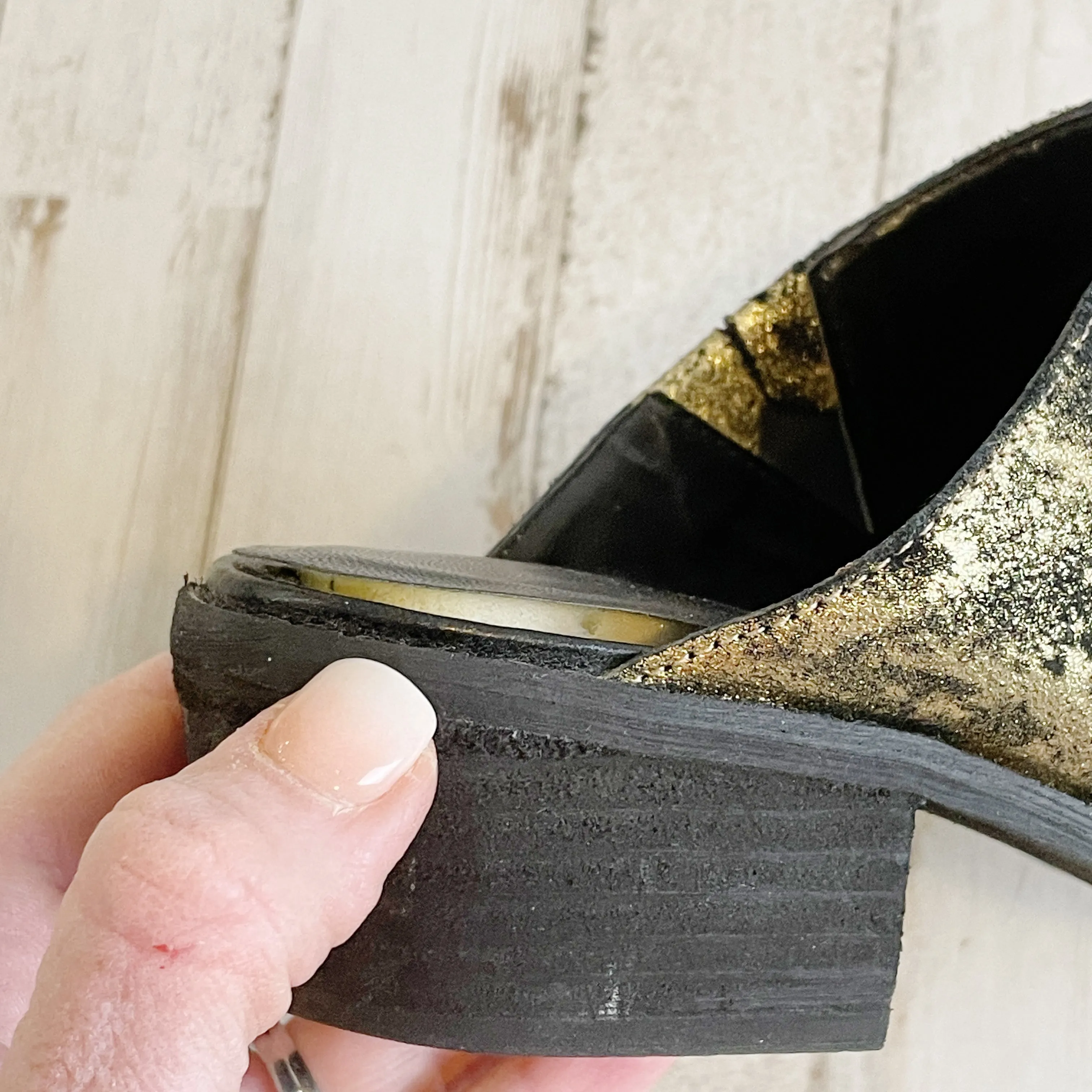 Very Volatile | Womens Black and Gold Leather Mule Booties | Size: 7