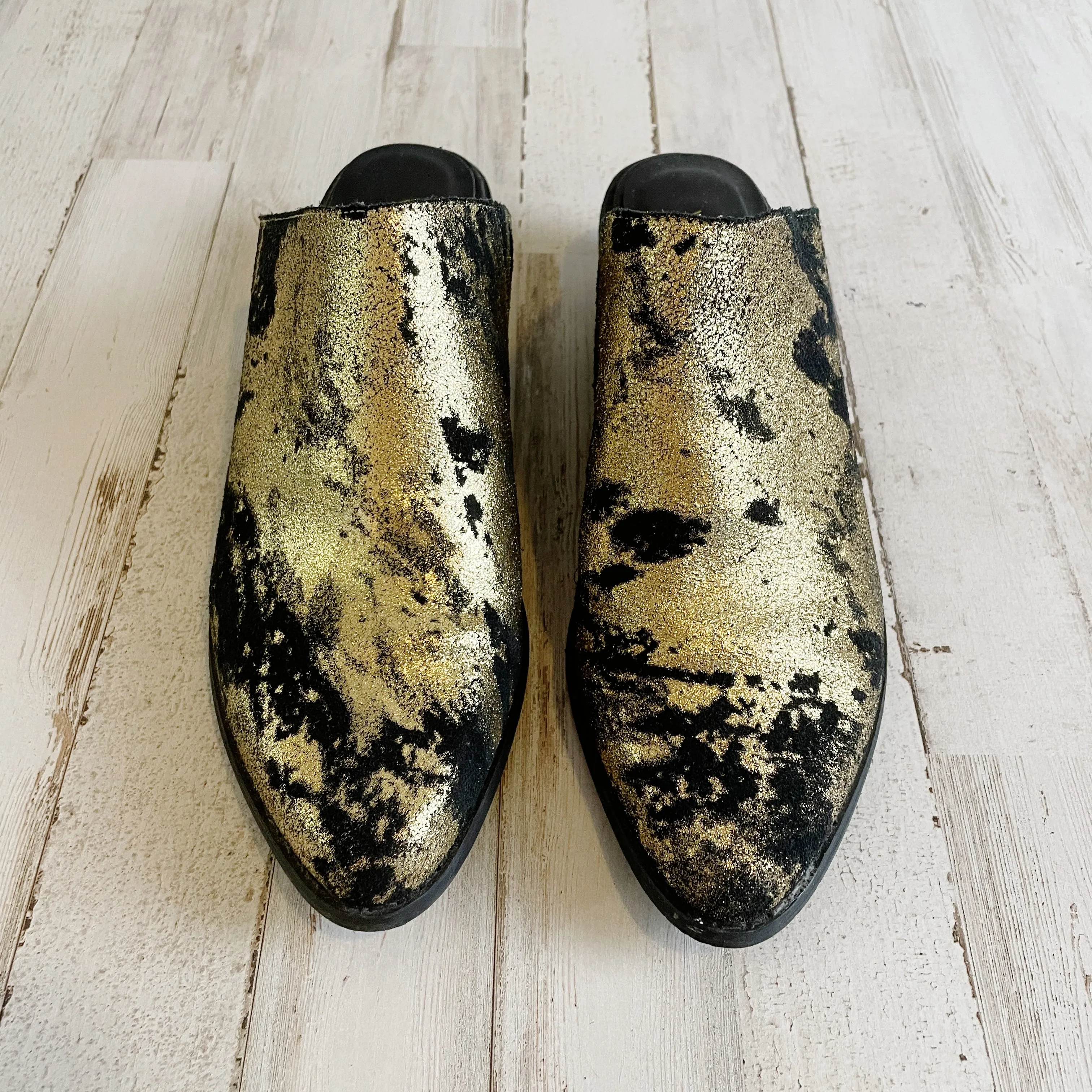 Very Volatile | Womens Black and Gold Leather Mule Booties | Size: 7