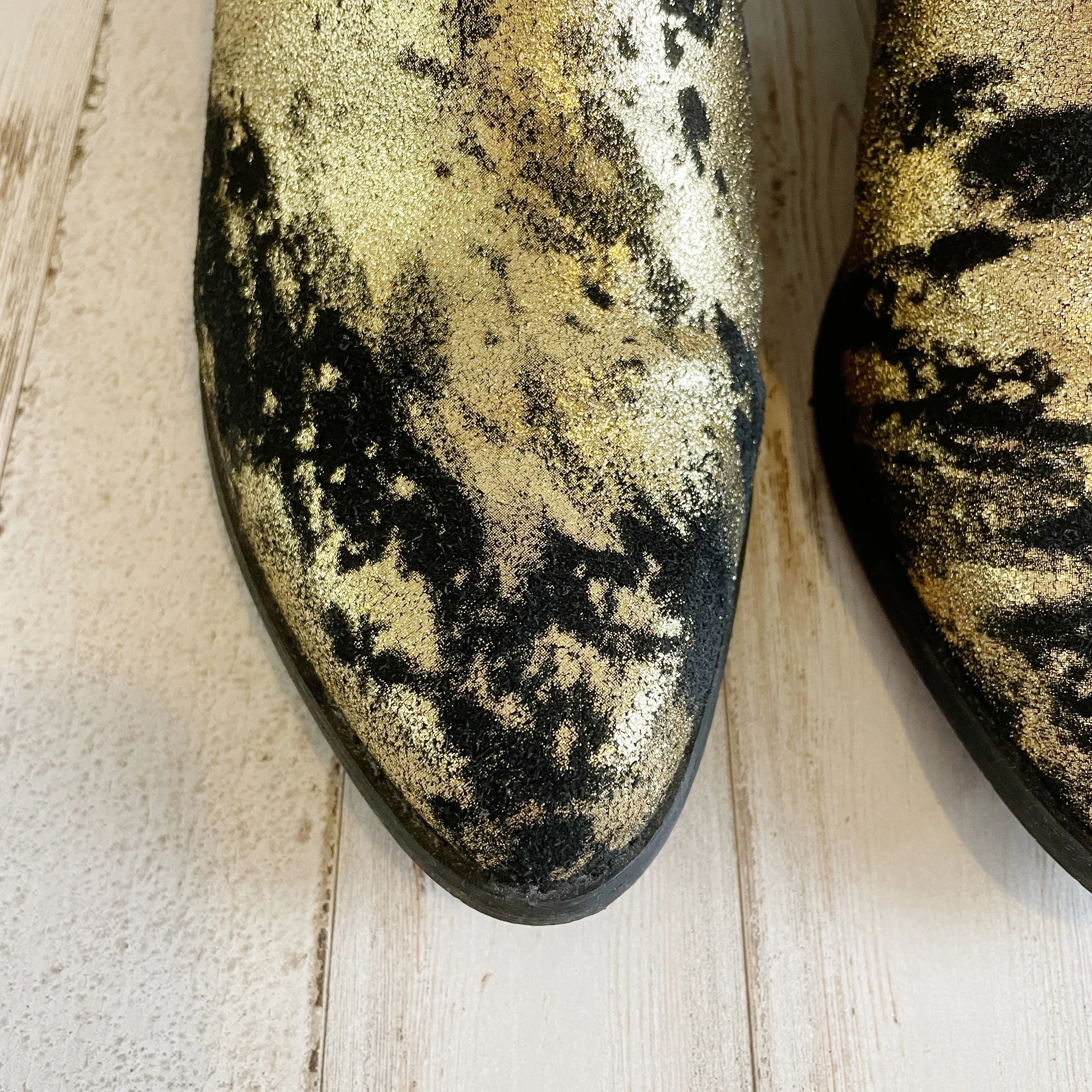 Very Volatile | Womens Black and Gold Leather Mule Booties | Size: 7