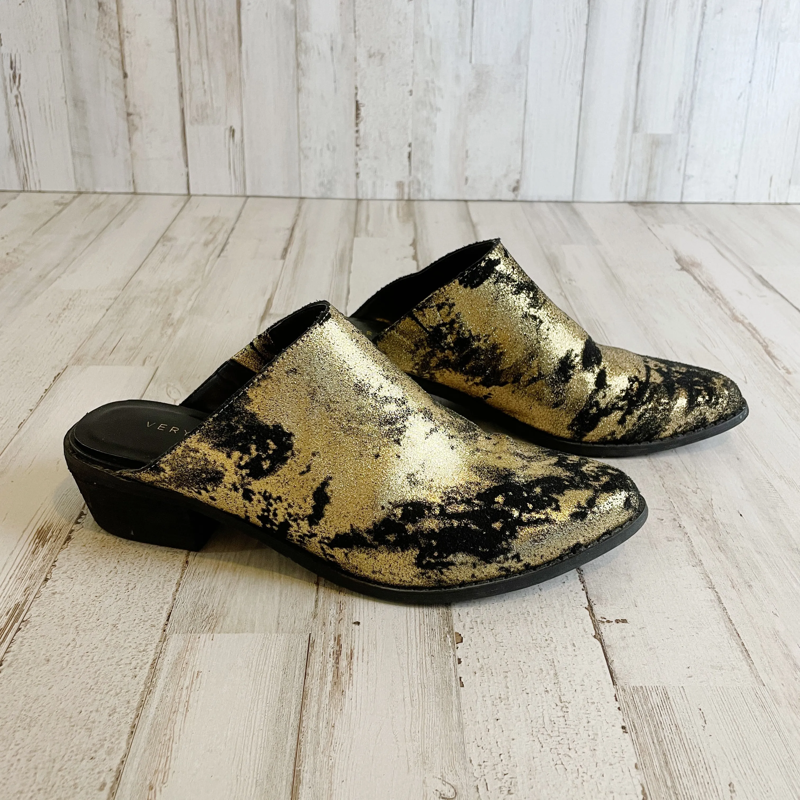 Very Volatile | Womens Black and Gold Leather Mule Booties | Size: 7